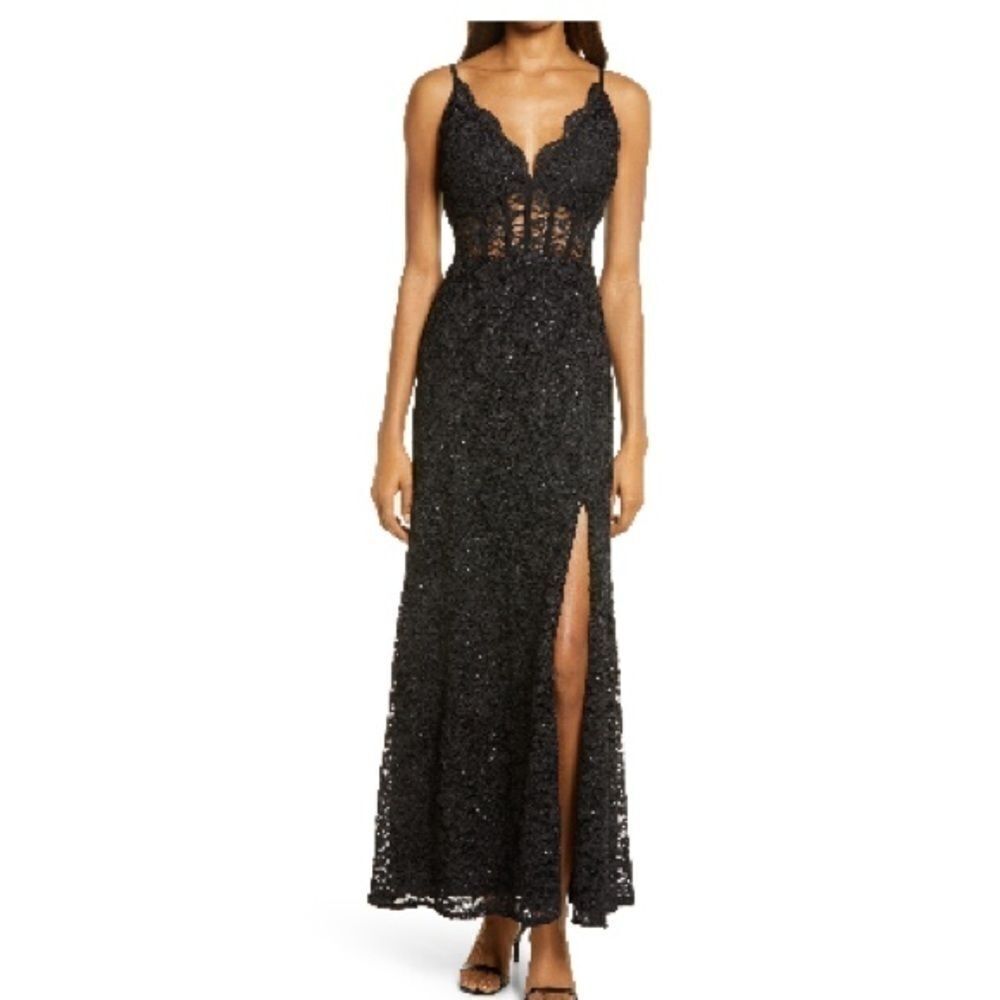 Juniors Morgan & Co. Long Lace Corset Scallop Bodice Sheath Dress size 3